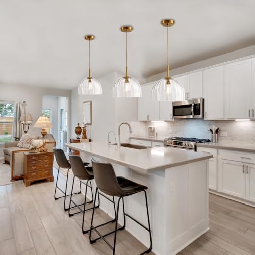 Clear Ribbed Glass Pendant Light Kitchen Island 11.8Inch Brass Hanging Lamp