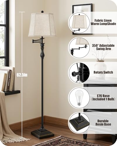 62" Black Floor Lamp for Living Room with 350° Adjustable Swing Arm (Black)
