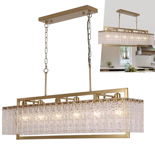 42" Gold Crystal Ripple Glass Rectangle Pendant Chandelier 6