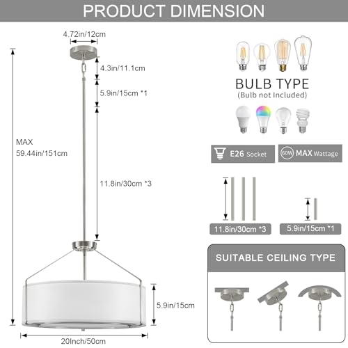 20Inches White Drum Chandelier Large Pendant Lights for Dining Room