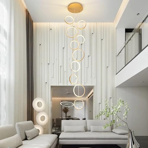 10 Ring Gold LED Chandelier for High Ceilings