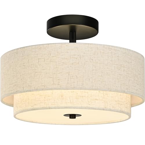 2 Light Semi Flush Mount Ceiling Light Fixture 12.6 Inch Modern Black Drum Ceiling Light Fixture with 2