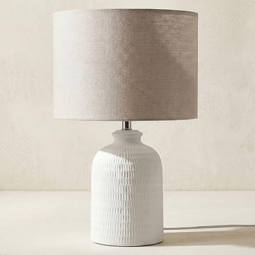 Home 24" White Textured Ceramic Table Lamp with Tan Linen Shade