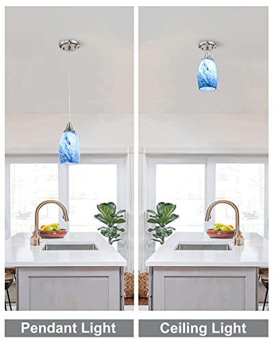 Mini Pendant Lights Kitchen Island White Blue Glass Lamp Shade Hand Blown Glass Pendant Light with Brush Nickel Finish Adjustable Cord for Kitchen Over Sink Hallway