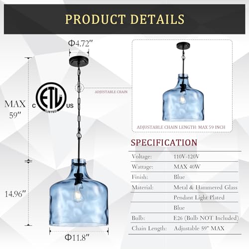 16" Farmhouse Blue Hammered Glass Pendant Light