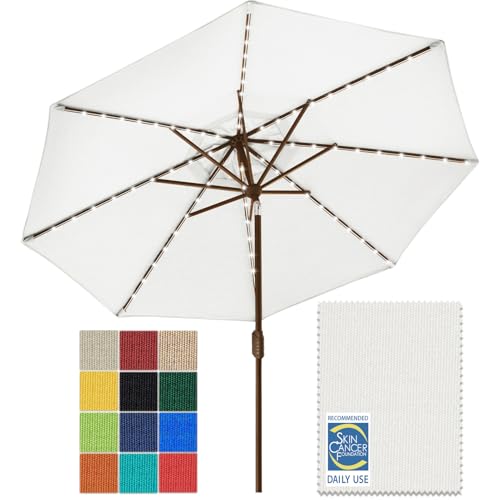 USA 10-Year-Non-Fading 9ft Market Patio Umbrella, Commercial Grade Table Sun Umbrella with 80 Solar LED Lights, Crank Open, Windproof & UPF 50+ UV Protection for Garden, Deck, Pool, Backyard, White