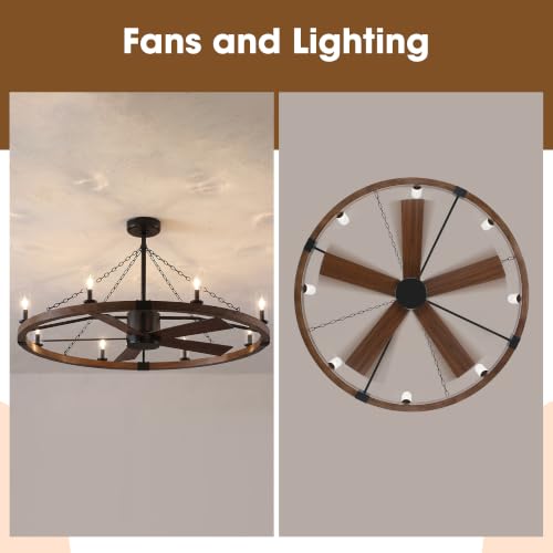 52 Inch Farmhouse Wagon Wheel Ceiling Fans with Lights and Remote