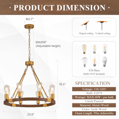 Gold Wooden Wagon Wheel Chandelier 8