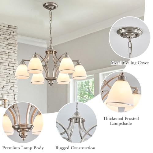6 Light Brushed Nickel Farmhouse Chandelier for Dining Room with Milk White Frosted Glass Shades Adjustable Max Length 47" Hanging Light Fixtures for Kitchen