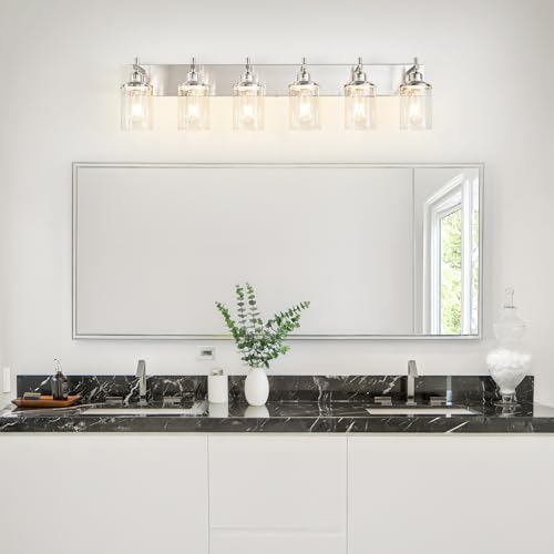 6 Light Brushed Nickel Bathroom Light Fixture Over Mirror Modern Bathroom Vanity Light Vintage Wall Lighting with Clear Glass Shade for Bathroom (6 Count)