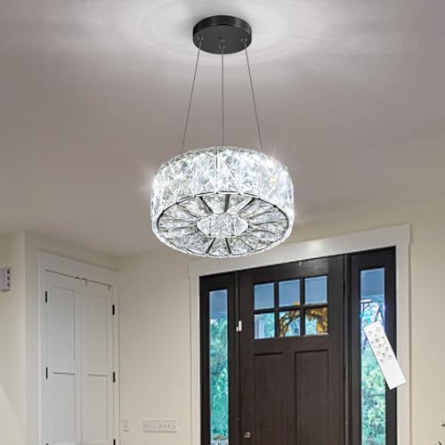 Modern Crystal Chandelier for Dining Room Dimmable LED Pendant Ceiling Light Fixtures with Remote for Entrance Bedroom Kitchen Island Black