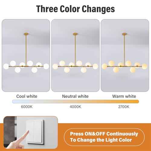 8-Light Gold Sputnik Chandeliers, Mid Century Modern Chandelier for Dining Room Light Fixture Over Table, Height Adjustable, Bubble Glass Globe Ceiling Linear Chandelier for Kitchen Island Foyer