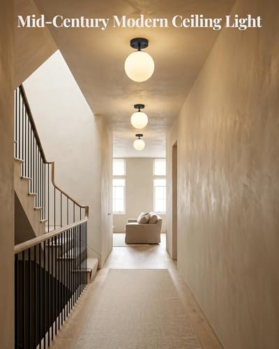 Semi Flush Mount Ceiling Light 6" Globe Mid Century Modern Light Fixture Milk Glass with Matte Black Finish Light Fixtures for Hallway Entryway Kitchen Island Closet Laundry Bathroom