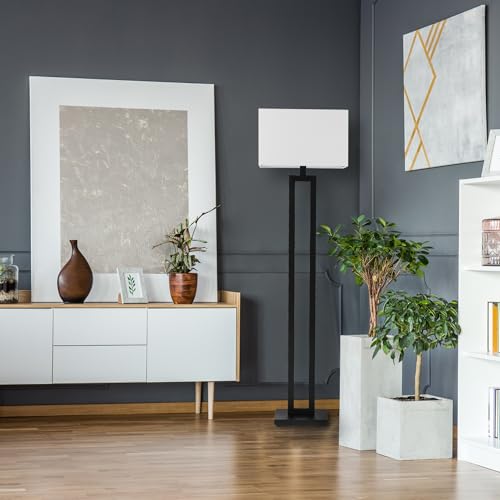58" Matte Black Floor Lamp with White Linen Shade