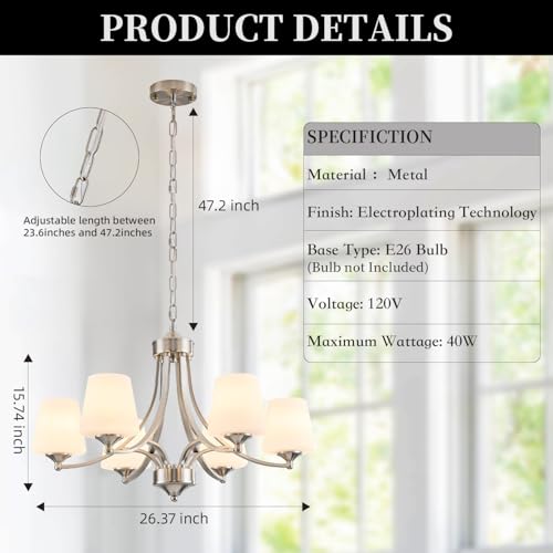 6 Light Brushed Nickel Chandeliers for Dining Room with Frosted Glass Farmhouse Silver Ceiling Hanging Lighting Fixtures Classic Pendant Lamp for Living Room