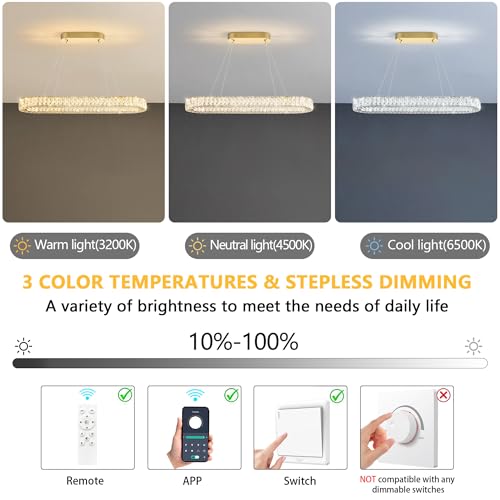 Oval Crystal Gold Chandelier Modern Dimmable LED Chandeliers for Dining Room Rectangular Light Fixture with Remote for Living Room Kitchen Light