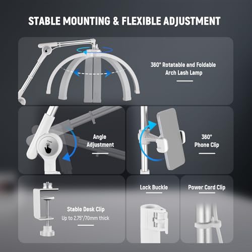 Basics 22" Half Moon Lash Light with Articulating Desk Clamp Mount Stand (72 Count)