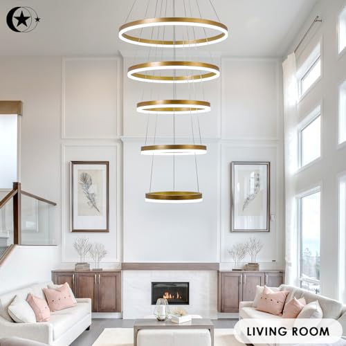 5 Rings Modern LED Chandelier Gold Dimmable High Ceiling Chandelier for Dining Room with Remote Control for Foyer Living Room Entryway Staircase