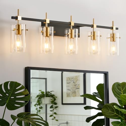 40.1 inch Vintage Brass Bathroom Vanity Light fixtures Bathroom Wall Lights Over Mirror with Glass Shade 5 Light