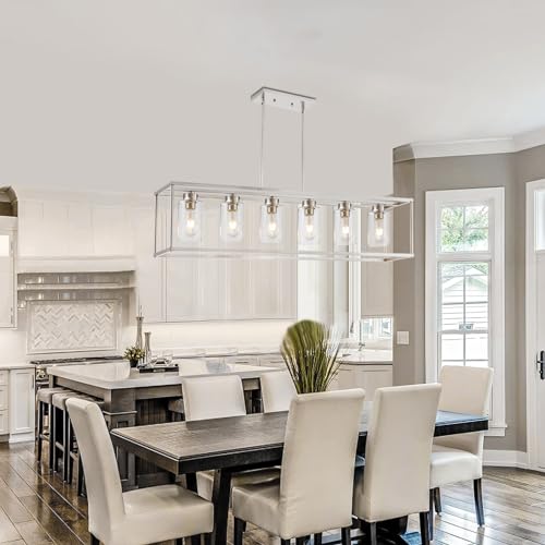 6 Light Brushed Nickel Dining Room Light Fixture Modern Farmhouse Chandelier Linear Hanging Pendant Lighting Rectangle for Kitchen Living Room Adjustable Height with Glass Shade (6 Count)