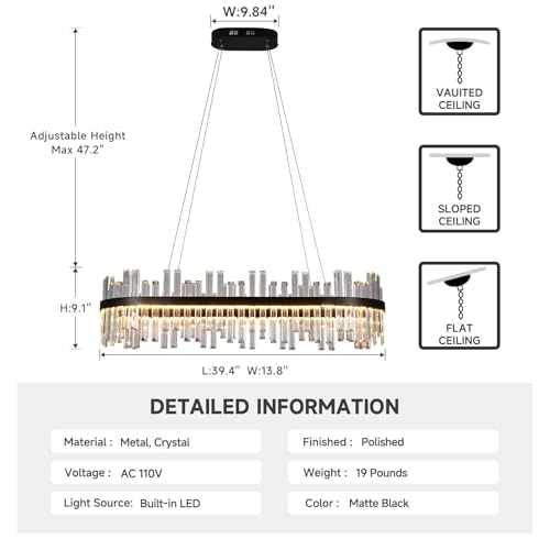 39.3" Black Rectangular Modern Led Crystal Dining Room Chandelier