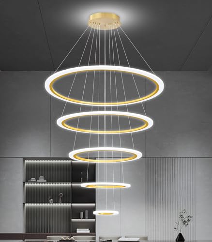 Modern LED Dimmable Chandelier 5 Ring High Ceiling Large Chandelier for Living Room Hanging Light Fixture for Foyer Staircase Gold
