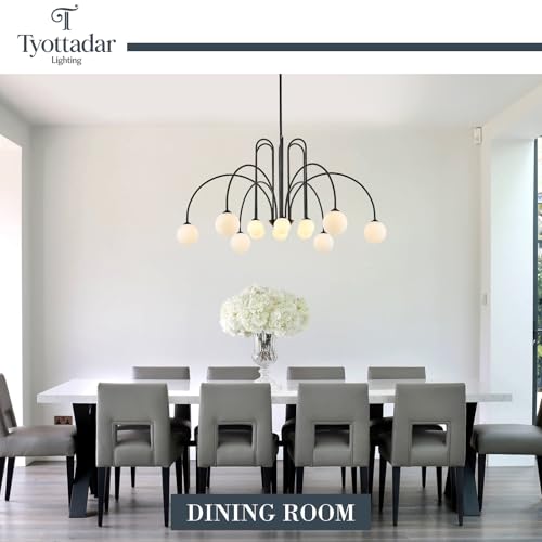 12 Light Large Black Sputnik Chandelier L52’’ Large Mid Century Pendant Light Fixture with Milk Glass Globe Shades Luxury Foyer Chandelier for High Ceiling Staircase Living Room Dining Room