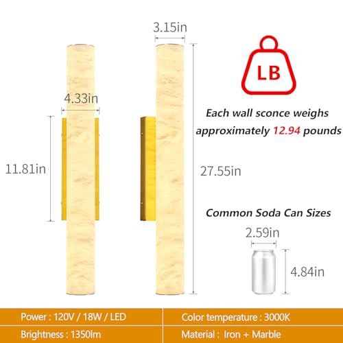 Natural Alabaster Wall Sconces Spanish Marble Wall Light Cylinder Modern Gold LED Sconce for Living Room Bedroom Bathroom Stairs（M