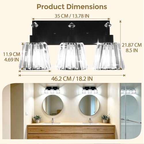 Black 3 Light Modern Crystal Vanity Lights Over Mirror (3-Light)