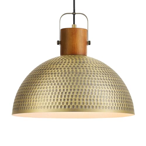 16 Inch Large Hammered Pendant Light Fixtures Ash Wood Vintage Dome Hanging Lamp Antique Gold Metal Kitchen Chandelier for Island