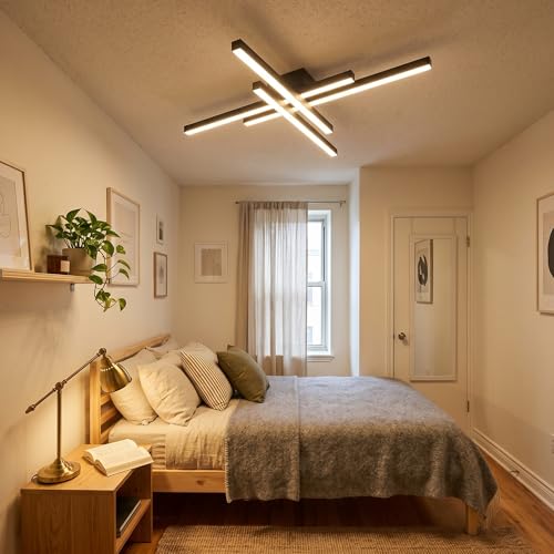 Modern LED Ceiling Lights 43.3" Black Flush Mount Ceiling Light Fixture Sputnik Dimmable Ceiling Lights with Remote Control for Bedroom Living Room Kitchen Room
