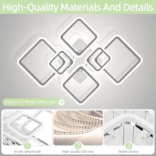 Modern LED Ceiling Lights for Bedroom 36.2'' Dimmable Square 6+1 Rings Ceiling Lights for Living Room with Remote Control 130W for Kitchen