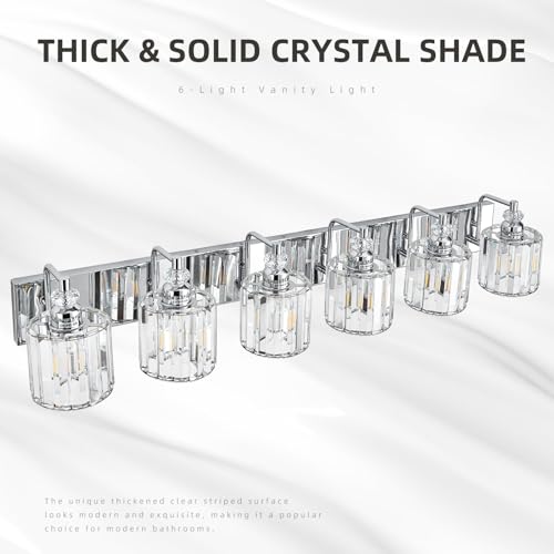 6 Light Modern Bathroom Light Fixture Chrome Bathroom Vanity Lights Over Mirror Wall Sconce Lighting with K9 Crystal Shades E26 Base for Bedroom