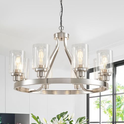 8 Light Modern Chandeliers for Dining Room Light Fixture Brushed Nickel Kitchen Chandelier Ceiling Hanging Pendant Lighting with Glass Shade for Living Room Entryway Adjustable Height E26