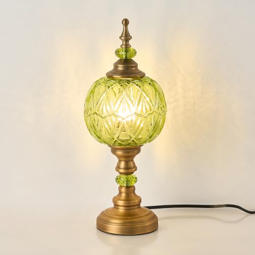 Vintage Glass Green Table Lamp Fixture with E26 Bulb Desk Lights with Plug Switch for Bedroom Living Room Dressing Room