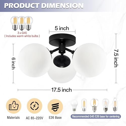 3 Light Mid Century Modern Black Semi Flush Mount Ceiling Light Milk Glass Globe Ceiling Lights Black Chandelier 3 Light Sputnik Ceilings Light Fixture for Bedroom Living Room Hallway Entryway