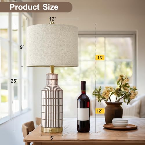 25" Modern 3 Way Dimmable Touch Control with USB A+C Ceramic Lamps Set of 2 Table Lamp for Living Room Bedroom Farmhouse Nightstand Bedside Brown (2 Count)