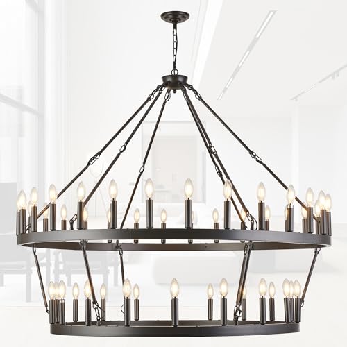 Rustic Farmhouse Wagon Wheel Chandelier Oil Rubbed Bronze Large Chandeliers for High Ceilings 2 Tier 48 Lights 55 Inch for Dining Room Living Room Foyer Porch Kitchen Island