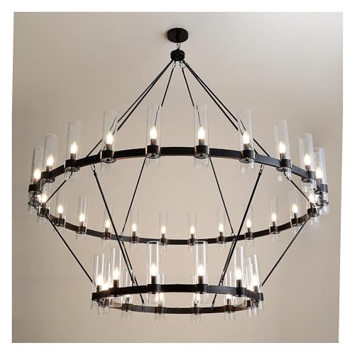70 Inch Black Wagon Wheel Chandelier 2 Tier with Glass Shade