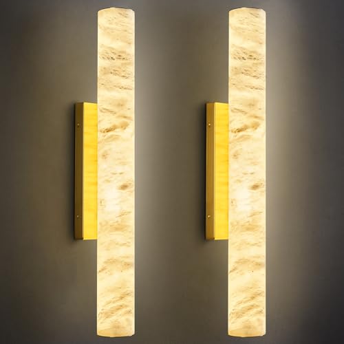 Natural Alabaster Wall Sconces Set of Two Spanish Marble Wall Light Cylinder Modern Gold LED Sconce for Living Room Bedroom Bathroo Stairs（M (2 Count)