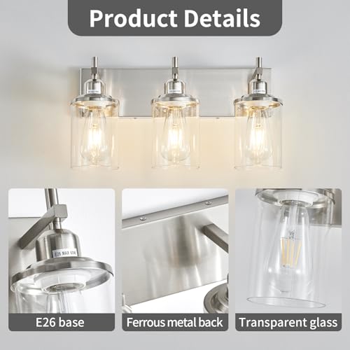 3 Light Brushed Nickel Bathroom Light Fixture Over Mirror Modern Bathroom Vanity Light Vintage Wall Lighting with Clear Glass Shade for Bathroom (3 Count)