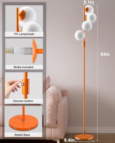 Mid Century Modern 4 Globe Orange Floor Lamp Dimmable Standing Lamp with 3000K Warm White Bulbs Included (4 Count)