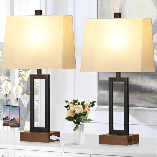 Table Lamp for Bedroom Set of 2 with 2 USB Ports and AC Power Outlet (2 Count)