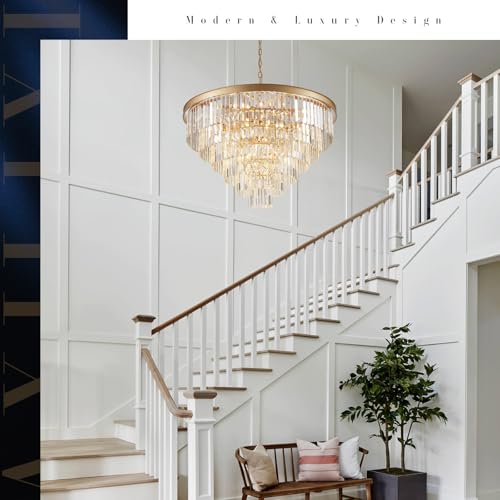 Modern Gold Crystal Chandelier 35”Large Chandeliers for High Ceiling Foyer