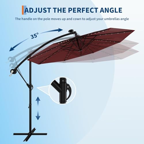 10FT Solar Lights Offset Patio Umbrella with Cross Base