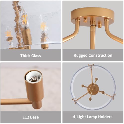 Gold Semi Flush Mount Ceiling Light Fixture 16'' Glass Modern Lght Fixture