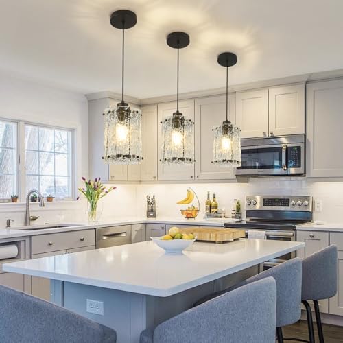 Black Pendant Lights Kitchen Island 2 Pack Modern Water Ripple Glass Pendant Lights Fixtures Round Adjustable Hanging Pendant Lighting for Kitchen Island Dining Room Over Sink Table Entryway (2 Count)
