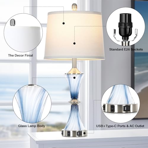 Blue Glass Table Lamp with USB C+A Ports & AC Outlet