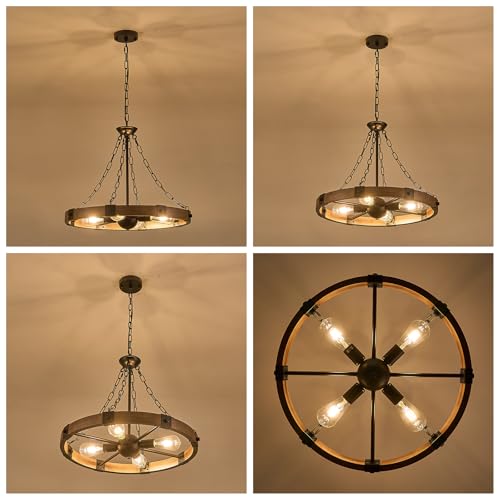 Farmhouse Wagon Wheel Chandelier 23.6" Oak Rustic Chandeliers 4