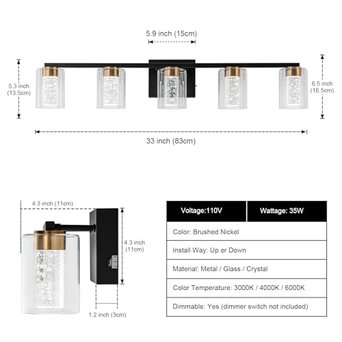 5 Light Black and Gold Vanity Light with 3 Color Modes